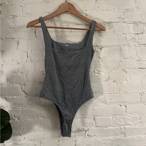 Silver Sparkle Square-Neck Thong Bodysuit